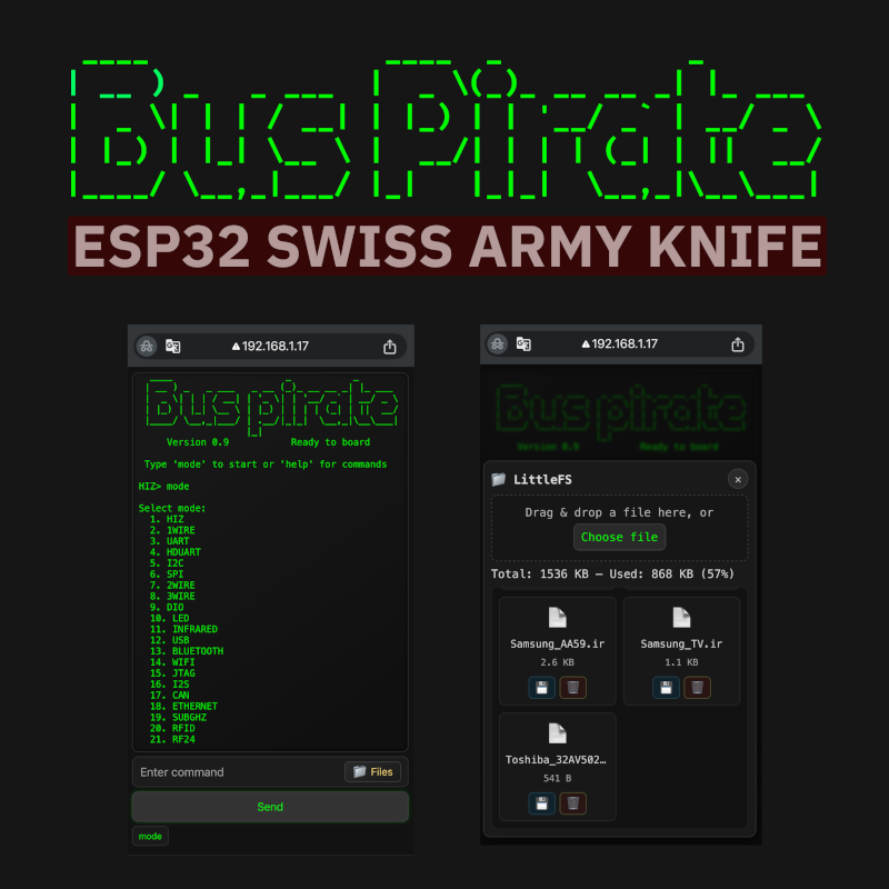 An iPhone screenshot showing the Bus Pirate firmware web interface